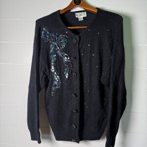 Vintage 80-90s E.M.T. Silk Angora Rabbit Hair Sweater Sequins Beads Black Large